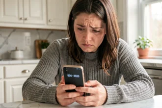 Femme inquiète regardant un appel téléphonique inconnu sur son smartphone dans une cuisine