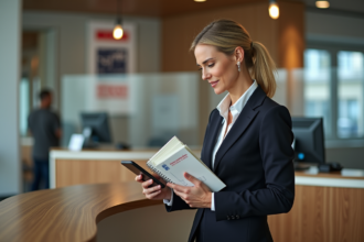 Femme d'affaires française vérifiant ses comptes à la banque
