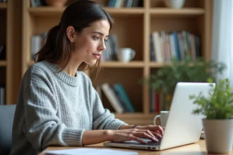 Femme bloguant sur son ordinateur portable dans un bureau à domicile cosy, illustrant le choix d'une plateforme de blog en 2026
