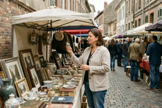 Femme parcourant un étal de brocante en plein air dans une rue pavée du Nord, inspectant des objets anciens lors d'une braderie