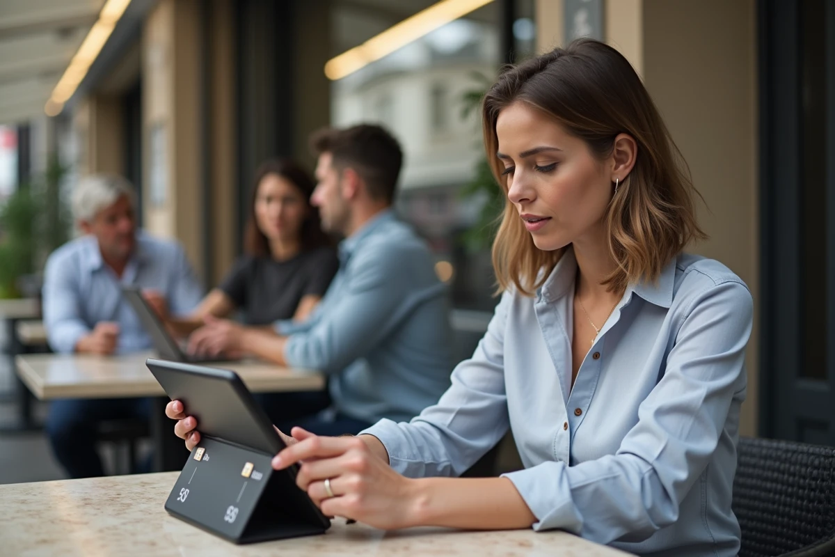 Femme comparant des offres de dés Monopoly GO au café