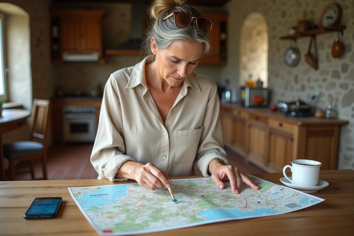 Femme consultant une carte topographique IGN pour retrouver un nom de lieu-dit dans une cuisine de ferme en France