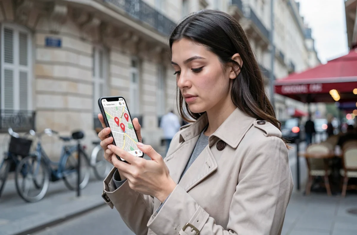 Jeune femme consultant une carte interactive sur smartphone pour trouver un bureau de tabac à proximité dans une rue parisienne