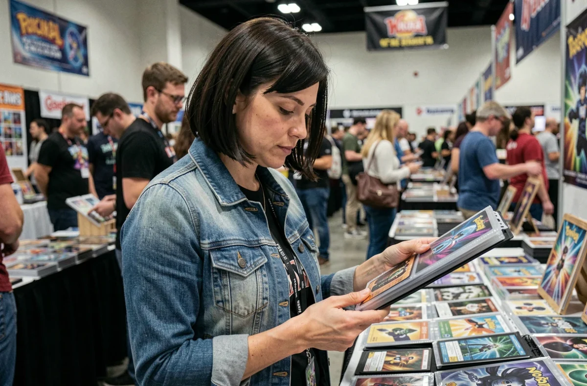 Femme collectionneure feuilletant un classeur de cartes Pokémon dans une foire de trading cards