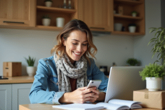 Femme souriante vérifiant un colis sur son smartphone dans la cuisine