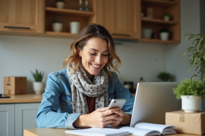 Femme souriante vérifiant un colis sur son smartphone dans la cuisine