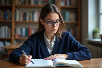 Femme concentrée corrigeant une faute d'orthographe dans un cahier avec un livre de grammaire française ouvert sur son bureau