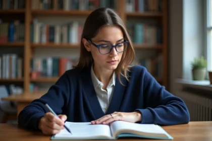 Femme concentrée corrigeant une faute d'orthographe dans un cahier avec un livre de grammaire française ouvert sur son bureau