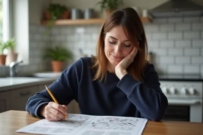 Femme concentrée faisant un mots croises dans la cuisine