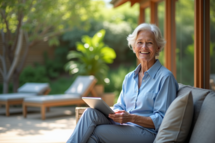 Femme détendue dans son jardin avec une tablette
