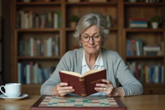Femme étudiant un dictionnaire de Scrabble officiel devant un plateau de jeu à la maison