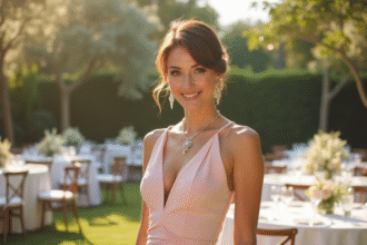 Femme élégante en robe pastel lors d'un mariage en plein air