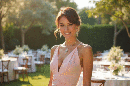Femme élégante en robe pastel lors d'un mariage en plein air