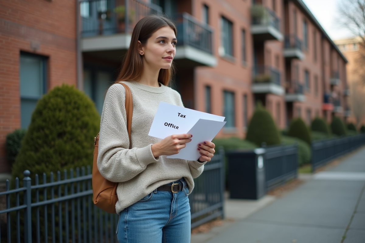 Jeune femme dehors avec une enveloppe de taxe devant un immeuble