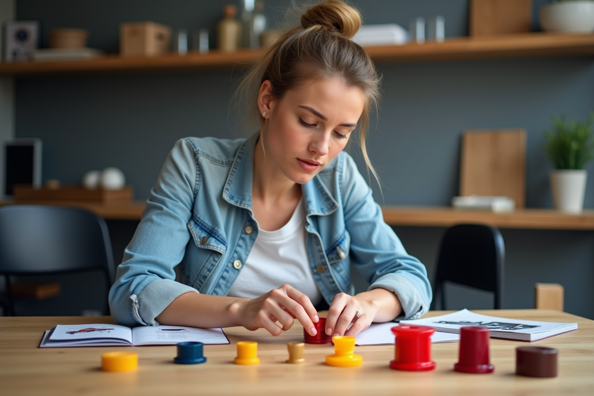 Jeune femme vérifiant des silentblocs en polyurethane sur une table