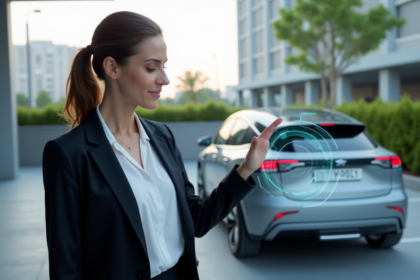 Femme professionnelle interagissant avec une voiture électrique et hologramme