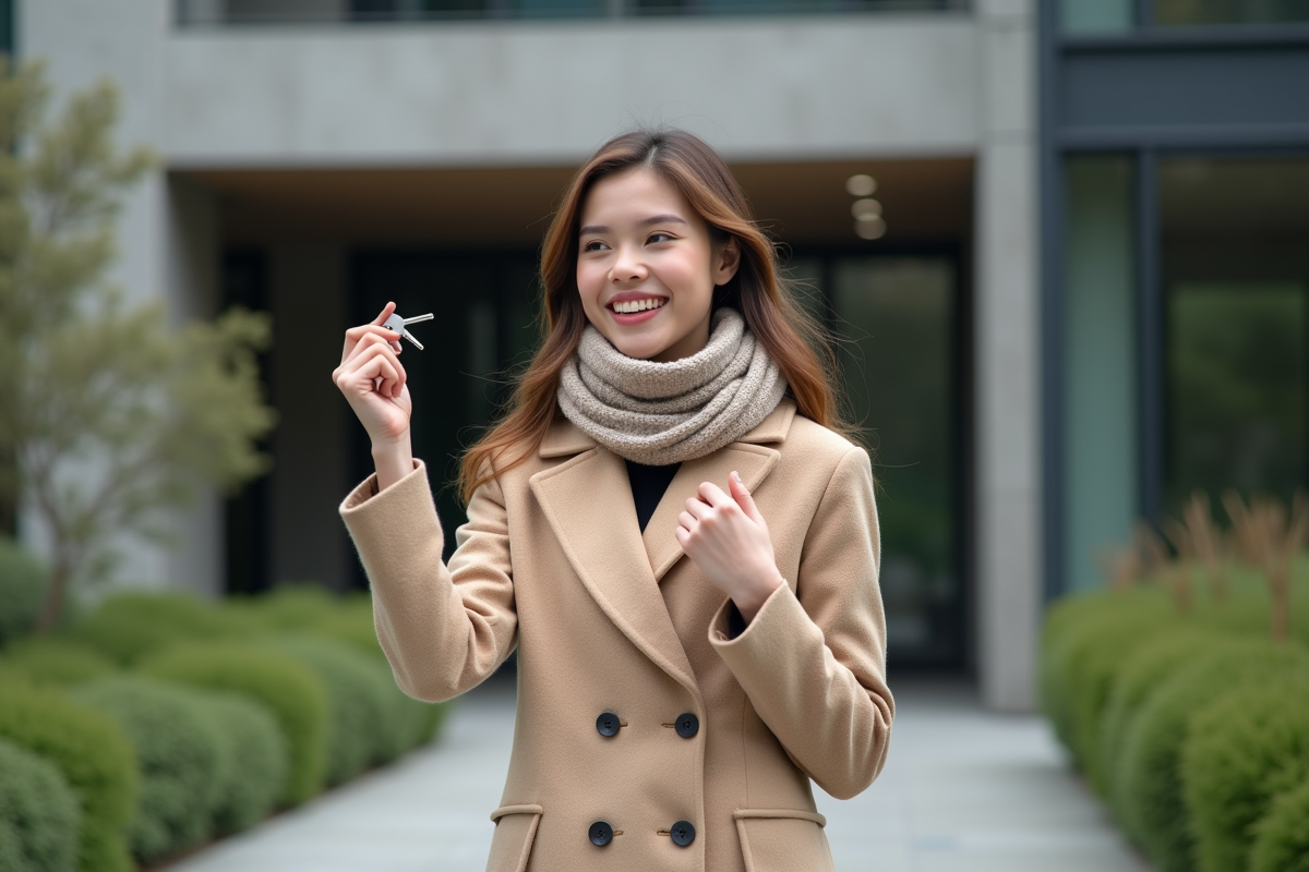Jeune femme souriante tenant des clés devant un bâtiment moderne