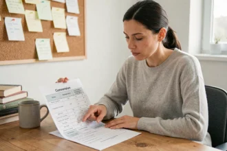 Femme lisant un tableau de conversion m3 à son bureau à domicile