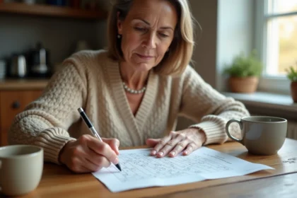 Femme concentrée remplissant une grille de mots croisés à la table de sa cuisine avec un stylo