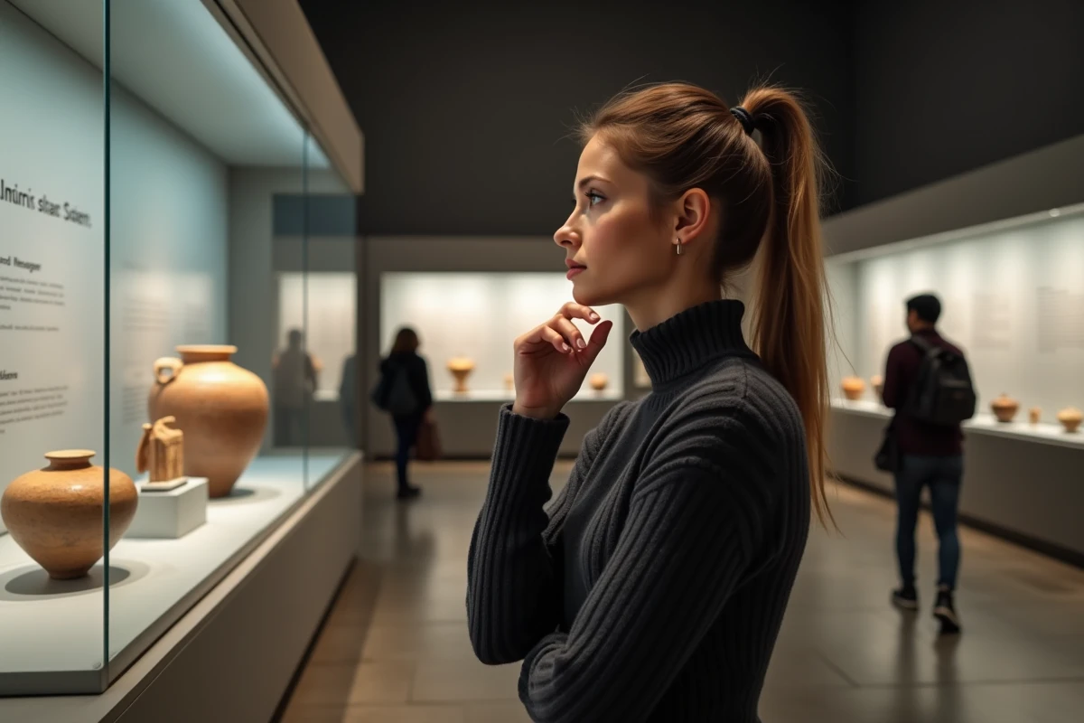 Jeune femme contemplant une poterie grecque antique représentant Hermès dans un musée archéologique