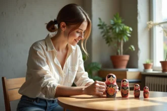 Jeune femme arrangeant poupées russes modernes dans un loft lumineux