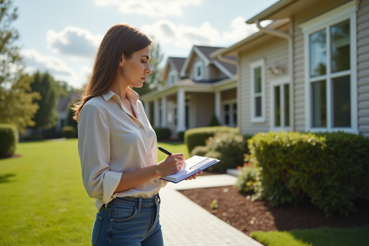 Jeune femme prenant des notes devant une maison de banlieue