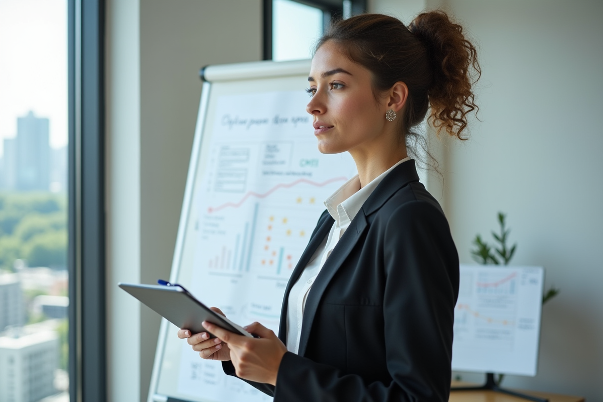 Jeune femme professionnelle analysant des graphiques au bureau