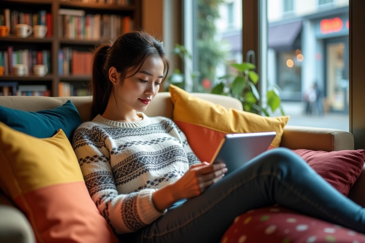 Femme détendue lisant manga sur une tablette dans un café
