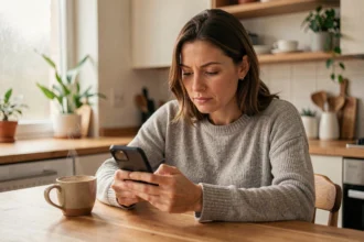 Femme tenant un smartphone et rédigeant un SMS pour refuser une invitation, assise dans une cuisine moderne et chaleureuse