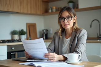 Femme d affaires examine documents de revenus locatifs