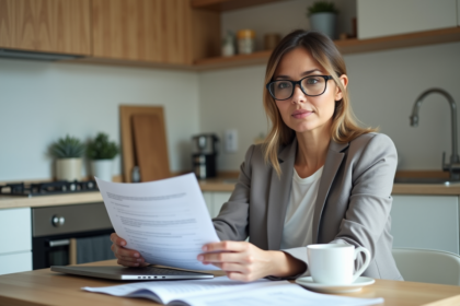 Femme d affaires examine documents de revenus locatifs