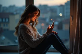 Jeune femme regardant son smartphone dans un salon