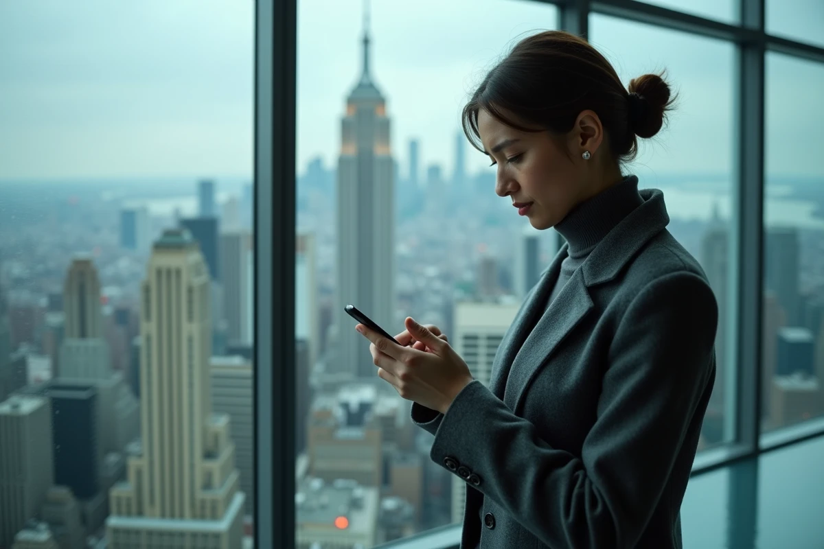 Femme lisant une alerte de sécurité sur son smartphone dans une salle de réunion vitrée avec vue sur la ville, illustrant les enjeux de vie privée à l'ère numérique