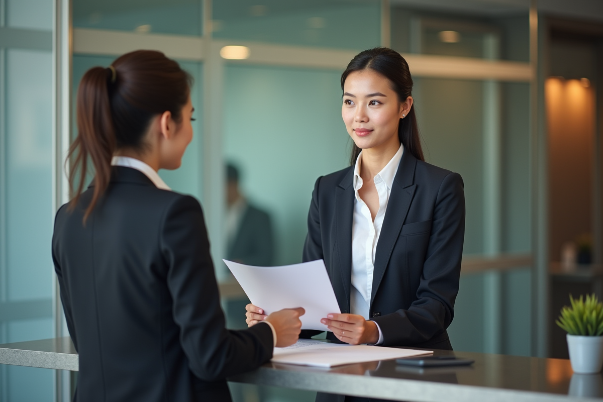 Femme remettant un document à une employée de banque