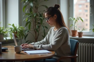 Femme travaillant sur son ordinateur à domicile dans un appartement
