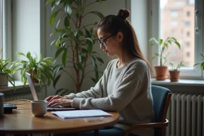 Femme travaillant sur son ordinateur à domicile dans un appartement
