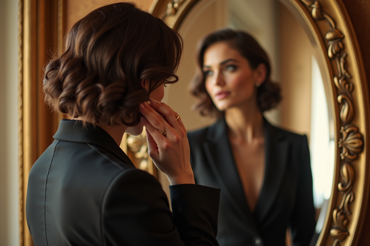 Femme en costume ajustant son earring devant un miroir vintage