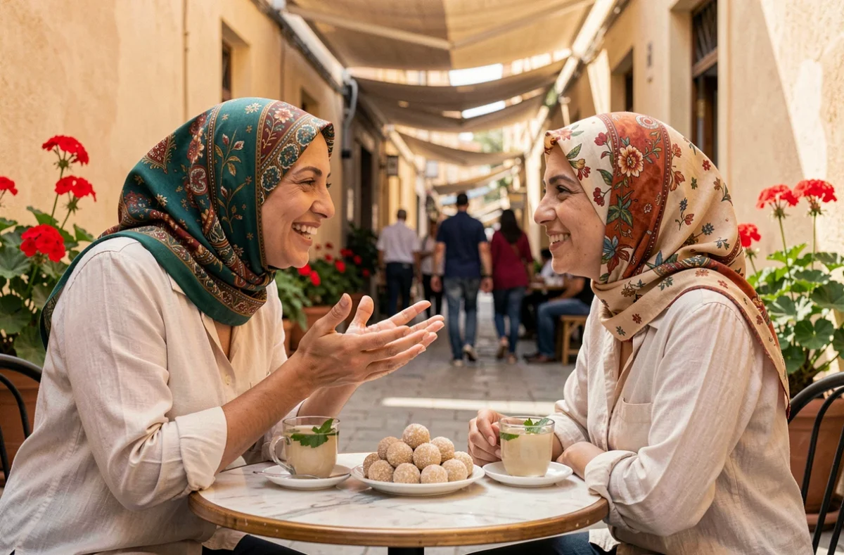 Deux femmes algériennes échangeant des vœux de Ramadan autour d'un verre de thé à la menthe en terrasse