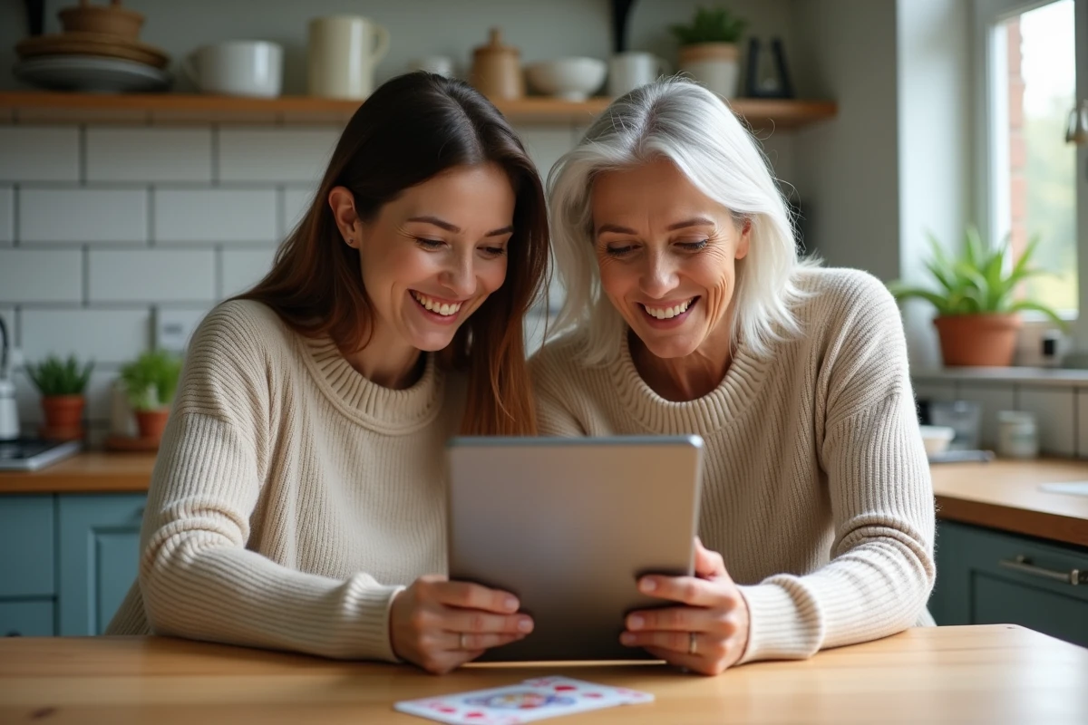 Deux femmes jouant ensemble à la belote coinchée gratuite en ligne sur une tablette dans une cuisine conviviale