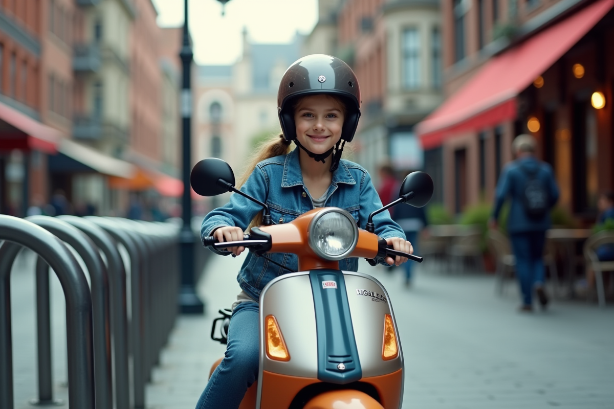 Jeune fille garée avec son moped dans une rue animée