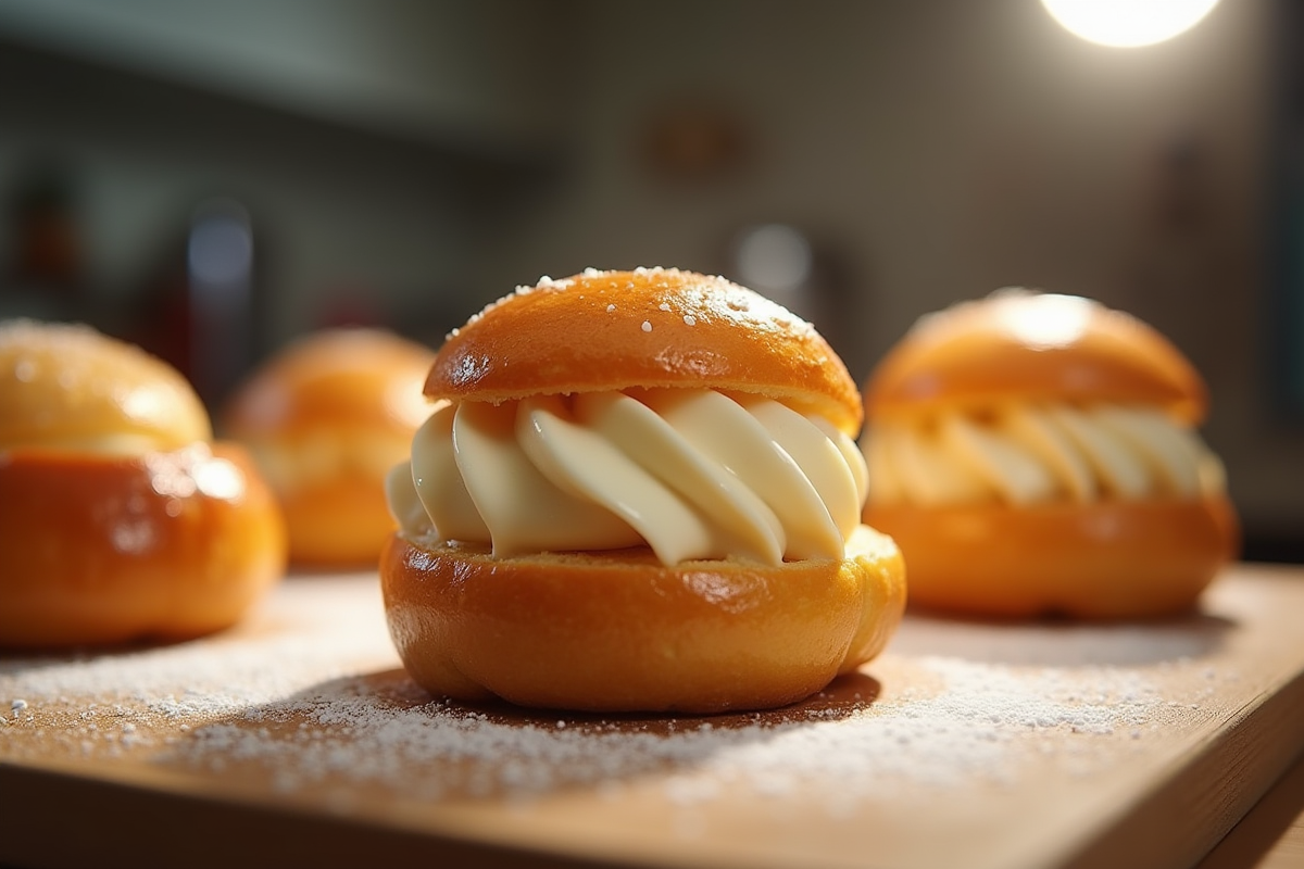 Gros plan sur un chou garni de glace à la vanille