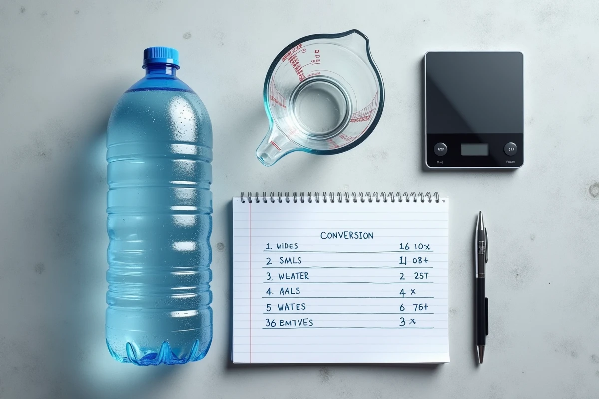 Vue de dessus d'une bouteille de 5 litres avec une fiche de conversion en millilitres et des accessoires de mesure sur béton