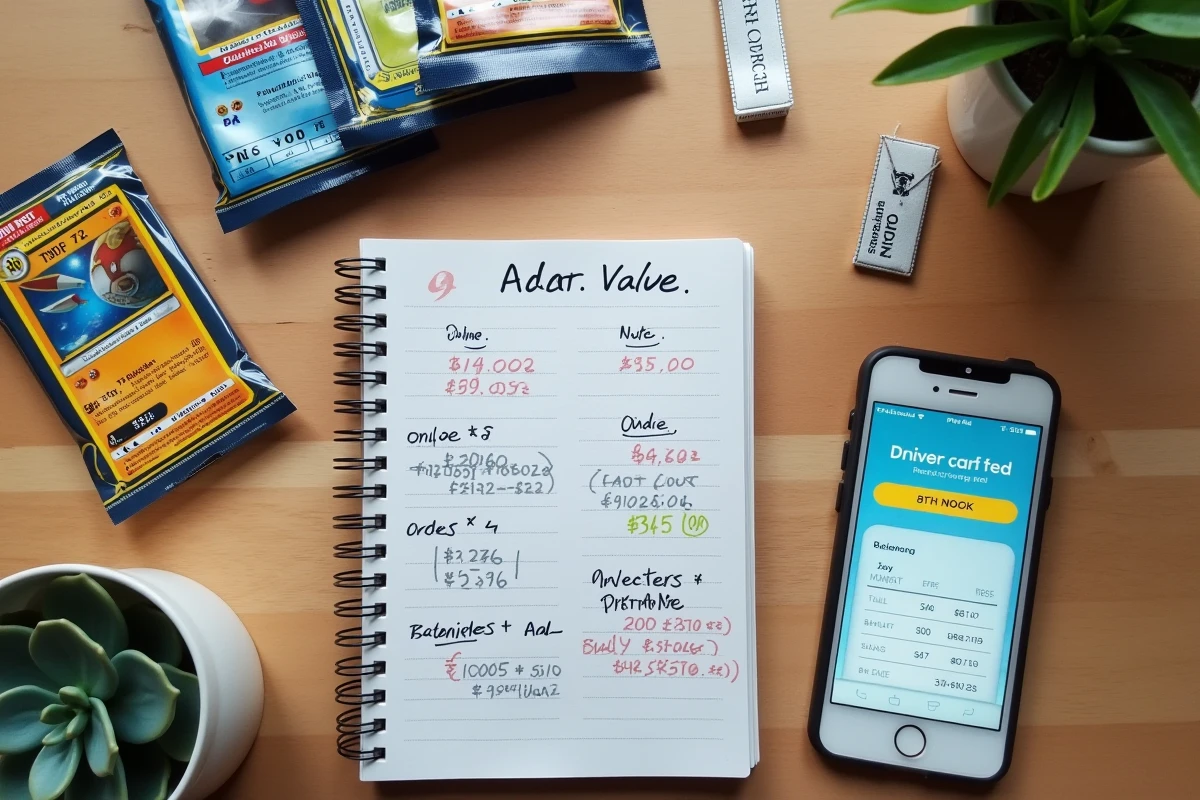 Vue aérienne d'une collection de codes Pokémon TCG Online avec carnets de notes et application de suivi de valeur