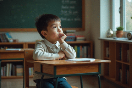 Garçon de 10 ans pensif dans une classe