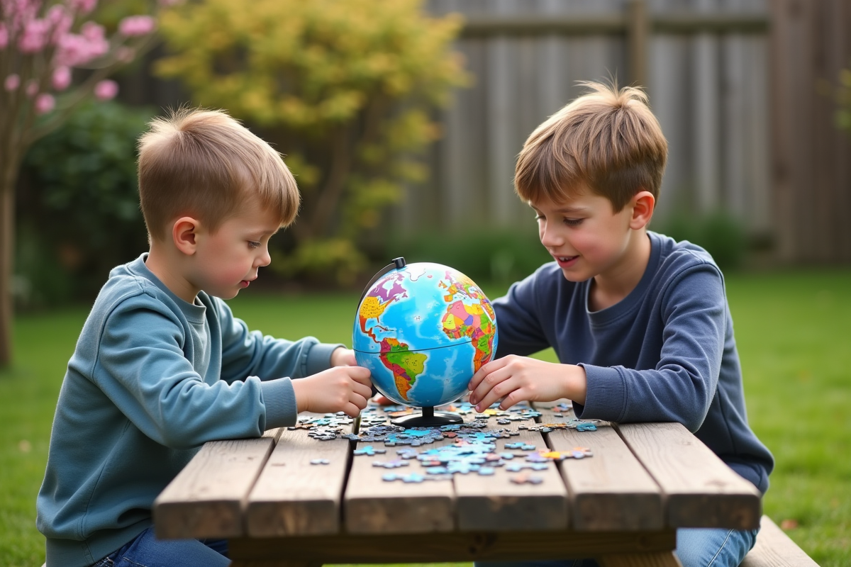 Deux garçons construisent un puzzle de globe en extérieur