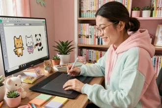 Graphiste en sweat pastel dessinant des personnages kawaii en pixel art sur tablette graphique dans un studio décoré d'accessoires mignons