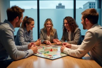 Groupe d'adultes jouant au Monopoly dans un espace moderne