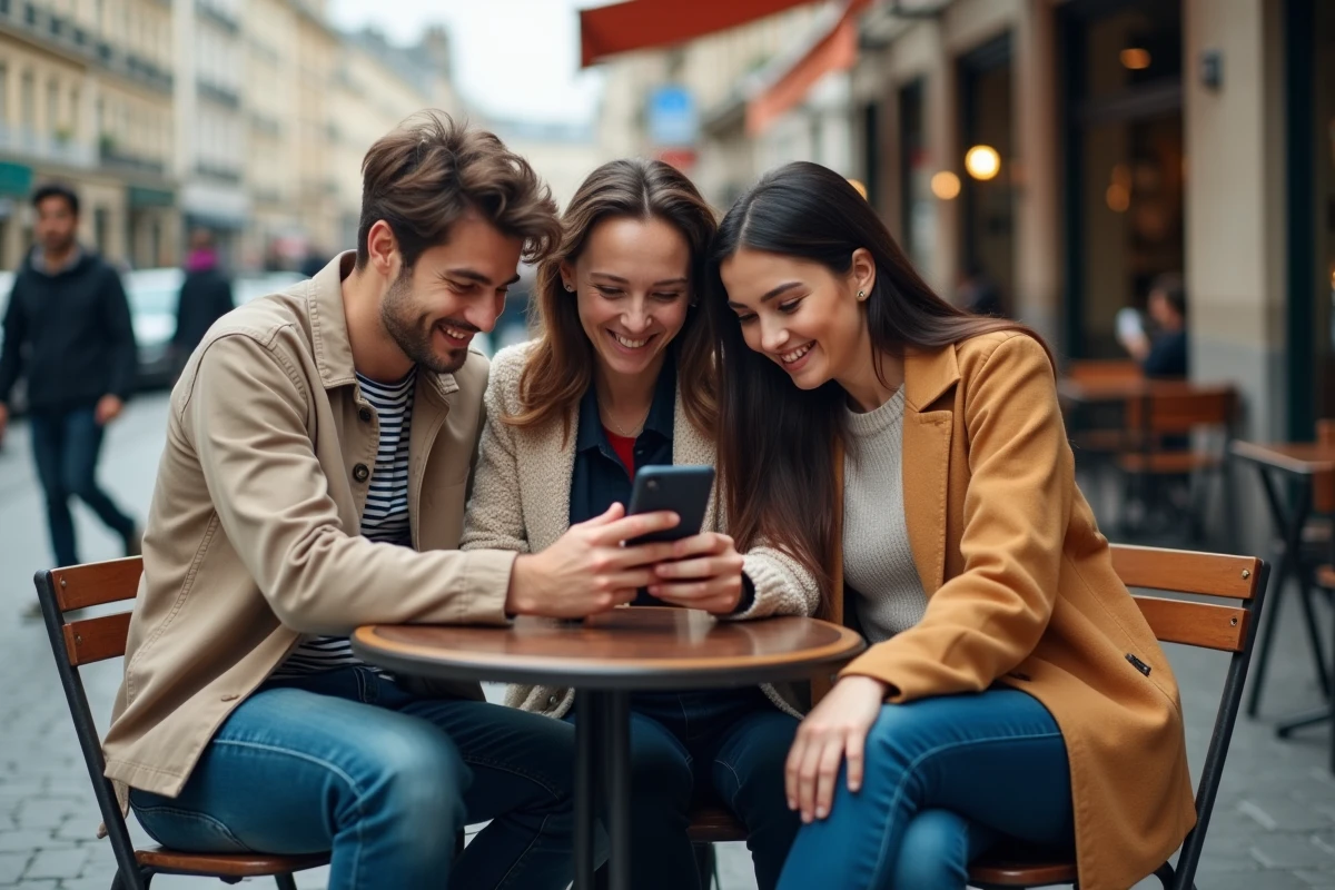 Groupe d'amis partageant un lien magnat Monopoly GO en terrasse de café
