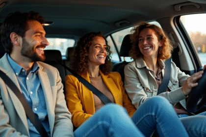 Groupe d'amis riant dans une voiture moderne en ville