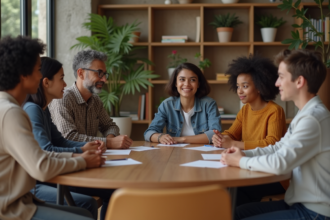 Groupe diversifié en discussion dans un centre communautaire